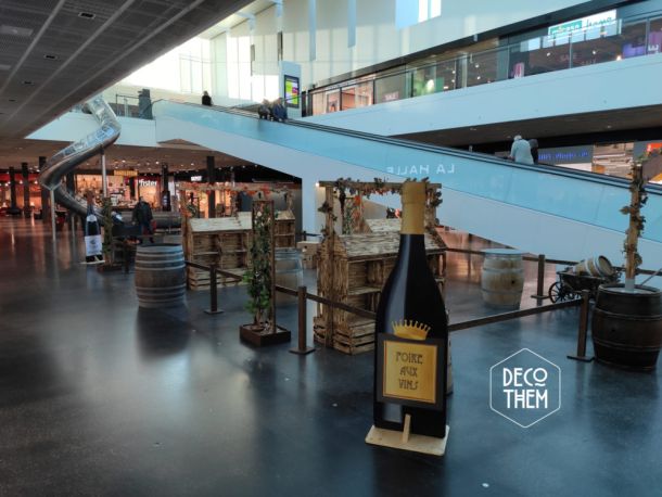 Foire aux vins Marin centre, bouteilles peintes, tonneaux, tables hautes,vin, vignes, présentoirs, portique