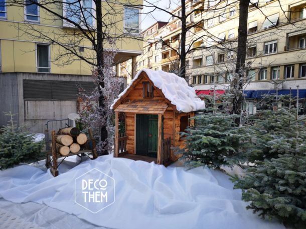 JO2020, décor hivernal, piste de ski de fond, neige, sapins, luge à bois, chalet en bois