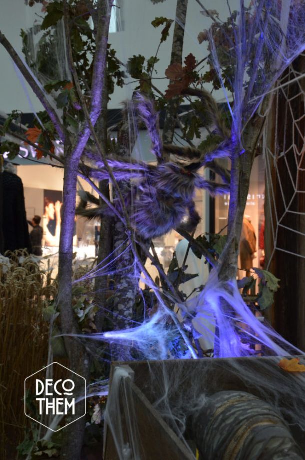 Décoration Halloween Marin Centre, cercueil, momie, arbre mort, toiles d'araignées