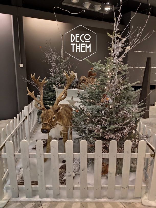 Noël Le Carô Centre renne + traîneau, barrières blanches, animaux peluches, oiseaux, sapin illuminé, guirlandes lumineuses, écureuils, traineau, herrisson, renne du Père-Noel